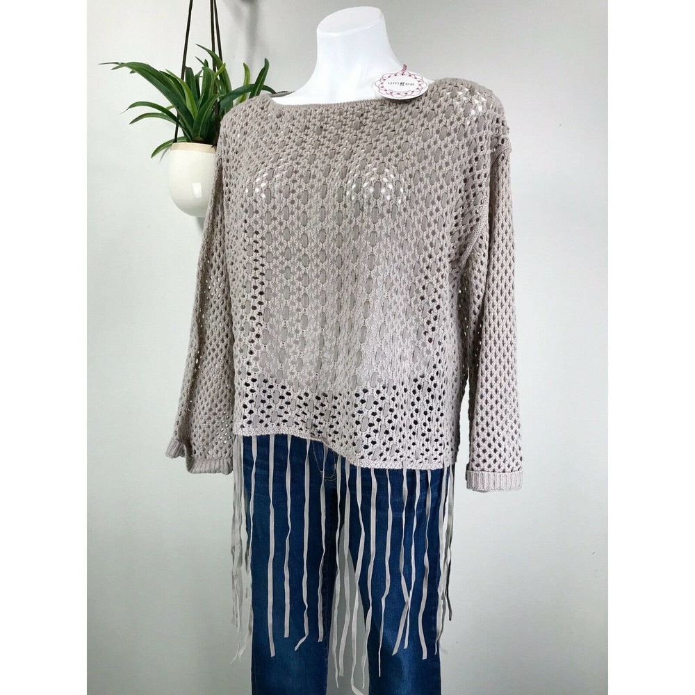 New Umgee Chunky Open Knit Cropped Fringe Sweater Top‎ Womens Size L Sheer Lilac